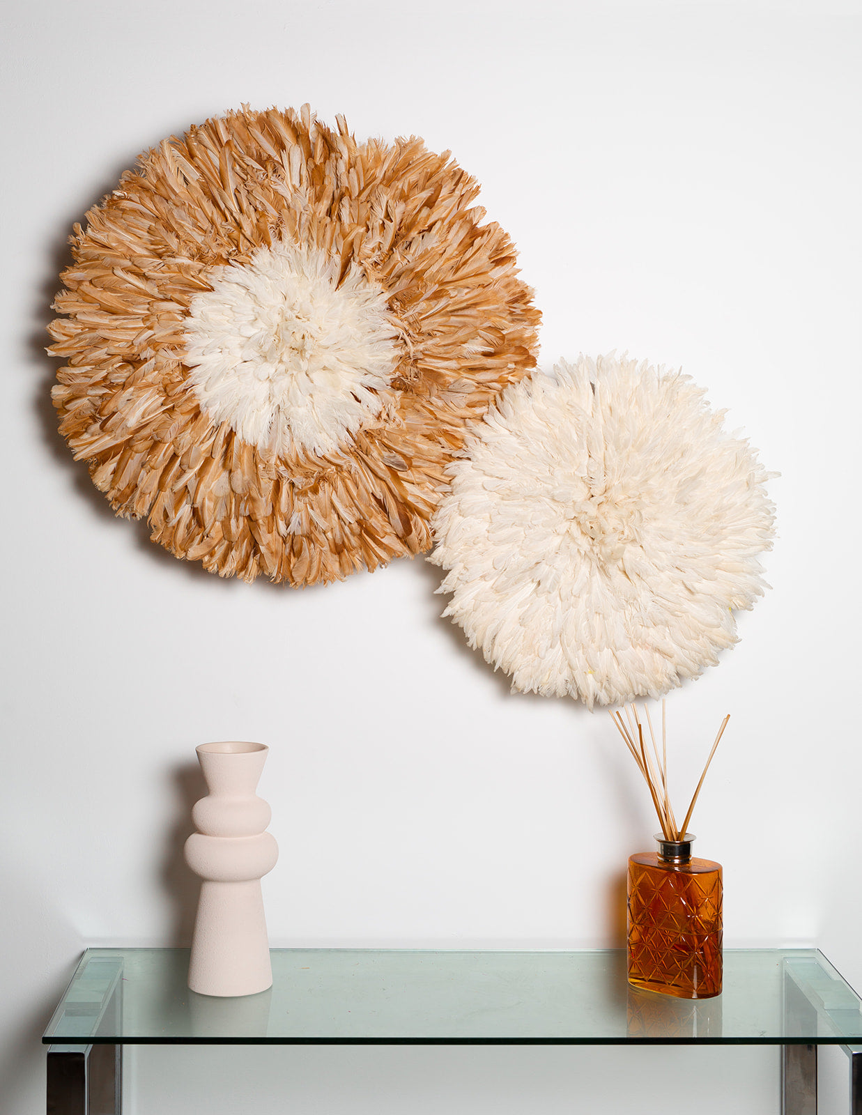 juju hat wall decor in deep chocolate brown and pale beige, perfect for interior design and Christmas gifts. Vibrant feather wall art in two-tone designall_decor_handmade_feather_art_jpg